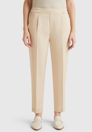  Kadın Bej %100 Liyosel Paçası Kıvrımlı Beli Lastikli Pantolon