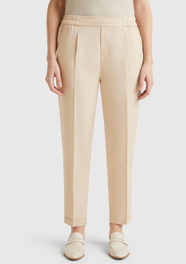  Kadın Bej %100 Liyosel Paçası Kıvrımlı Beli Lastikli Pantolon