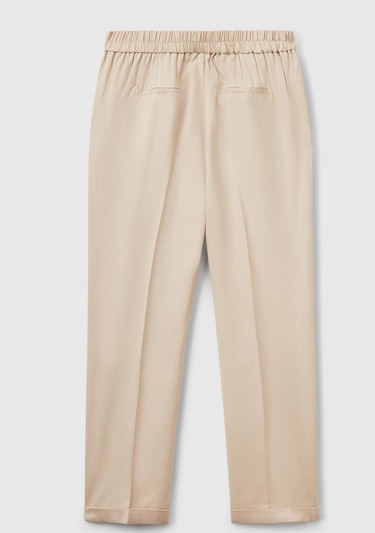  Kadın Bej %100 Liyosel Paçası Kıvrımlı Beli Lastikli Pantolon