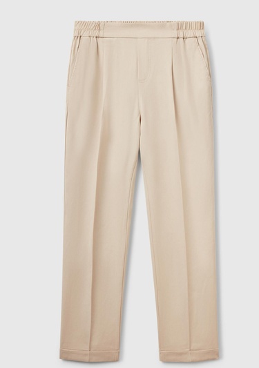  Kadın Bej %100 Liyosel Paçası Kıvrımlı Beli Lastikli Pantolon