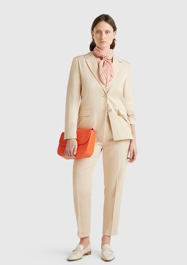  Kadın Bej %100 Liyosel Paçası Kıvrımlı Beli Lastikli Pantolon