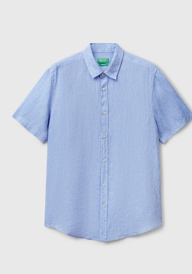  Erkek Mavi %100 Keten Regular Fit Kısa Kollu Gömlek