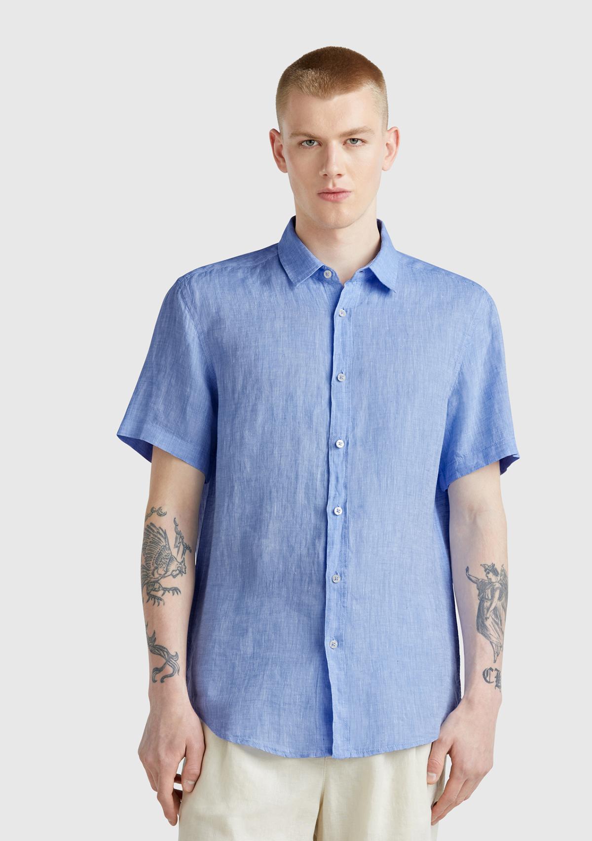  Erkek Mavi %100 Keten Regular Fit Kısa Kollu Gömlek