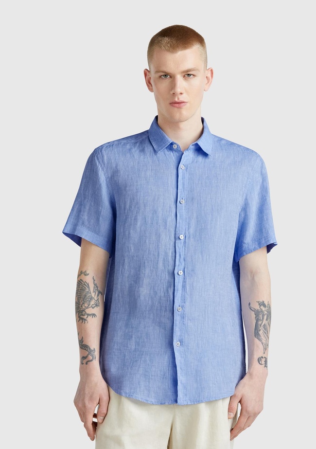  Erkek Mavi %100 Keten Regular Fit Kısa Kollu Gömlek