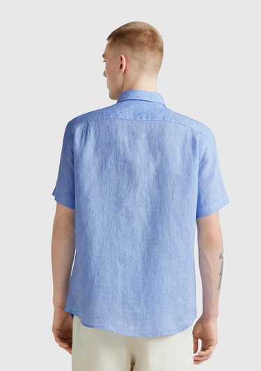  Erkek Mavi %100 Keten Regular Fit Kısa Kollu Gömlek