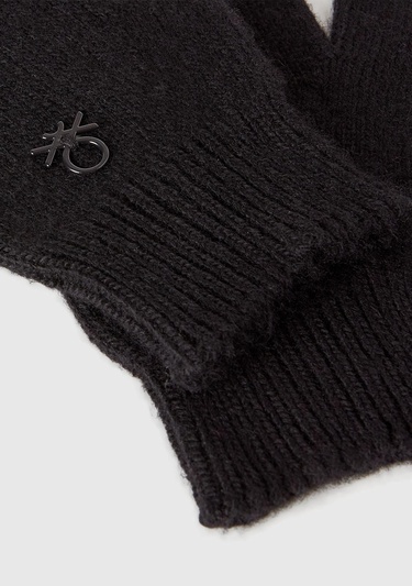  Erkek Çocuk Siyah Yün ve Viskoz Karışımlı Logo Nakışlı Eldiven