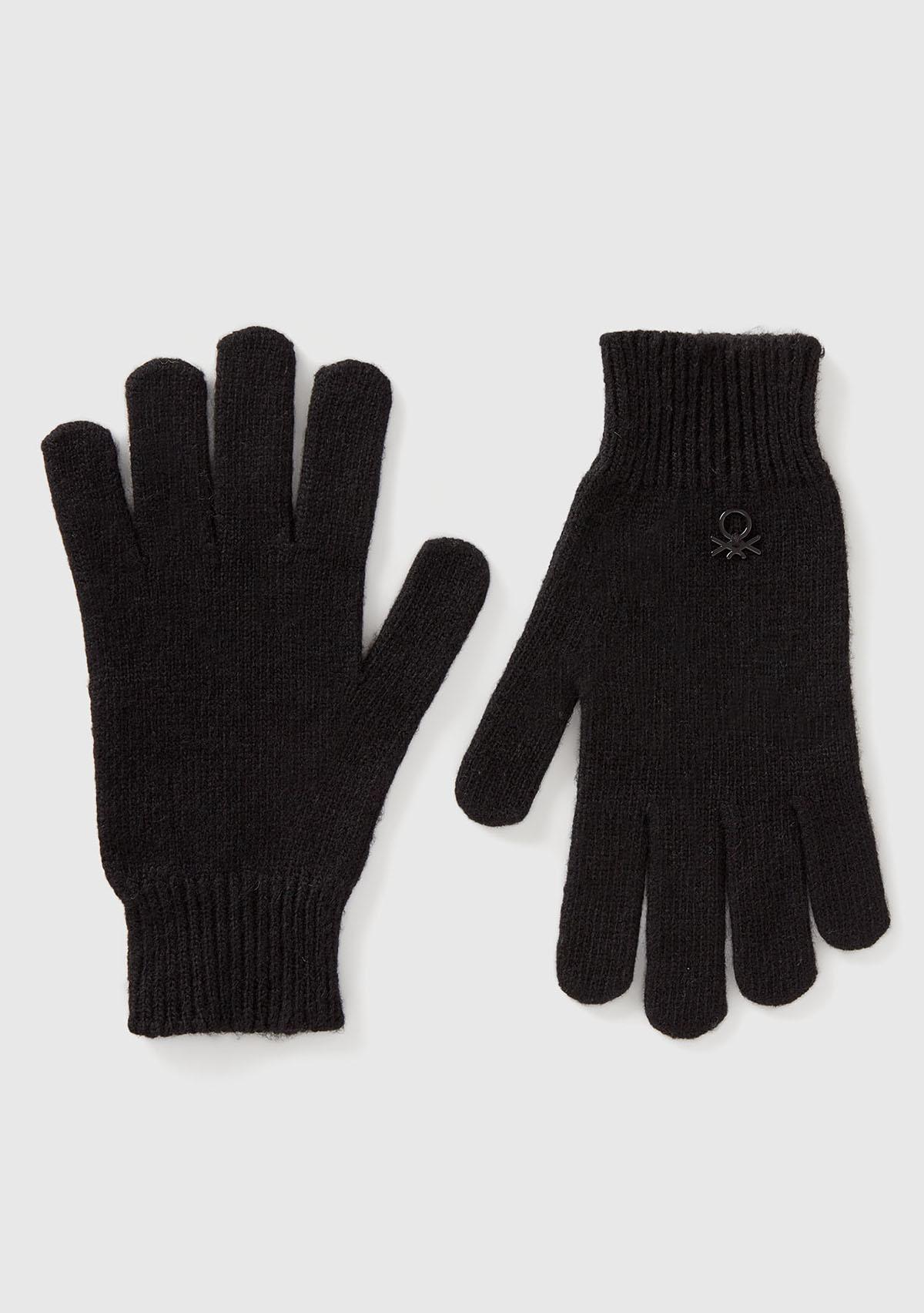  Erkek Çocuk Siyah Yün ve Viskoz Karışımlı Logo Nakışlı Eldiven