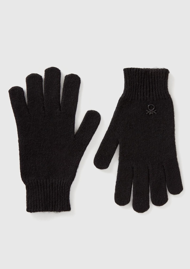  Erkek Çocuk Siyah Yün ve Viskoz Karışımlı Logo Nakışlı Eldiven