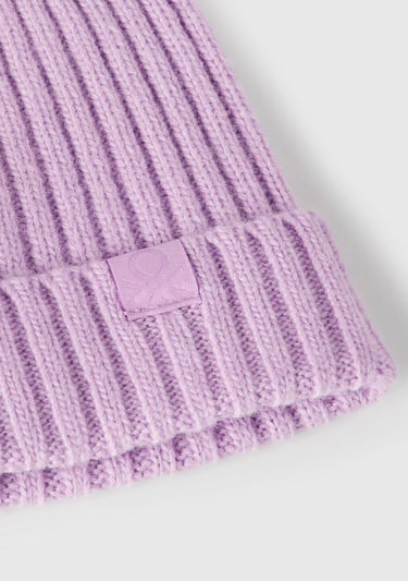  Erkek Çocuk Lila Yün ve Viskoz Karışımlı Logo Etiketli Nervürlü Bere