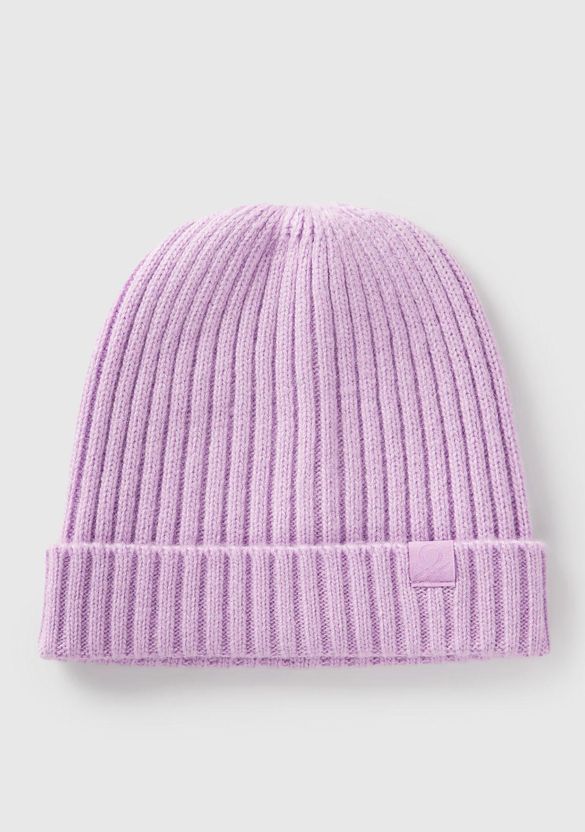  Erkek Çocuk Lila Yün ve Viskoz Karışımlı Logo Etiketli Nervürlü Bere