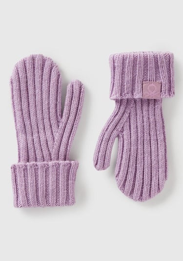  Erkek Çocuk Lila Yün ve Viskoz Karışımlı Logo Etiketli Nervürlü Eldiven