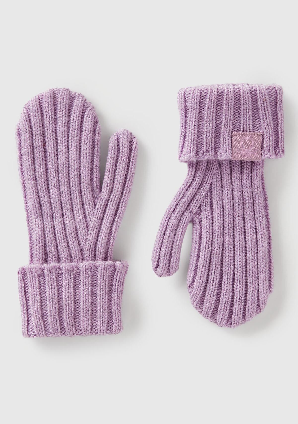  Erkek Çocuk Lila Yün ve Viskoz Karışımlı Logo Etiketli Nervürlü Eldiven