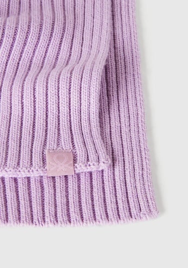  Erkek Çocuk Lila Yün ve Viskoz Karışımlı Logo Etiketli Ribana Örgü Atkı