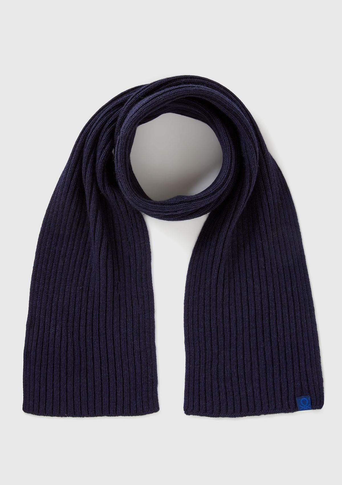  Erkek Çocuk Lacivert Yün ve Viskoz Karışımlı Logo Etiketli Ribana Örgü Atkı