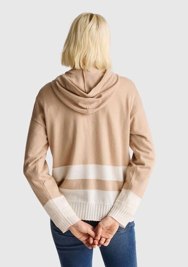  Kadın Bej Yün ve Kaşmir Karışımlı Kapüşonlu Kazak