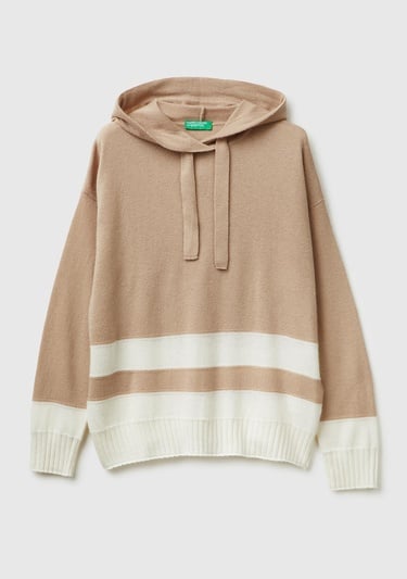  Kadın Bej Yün ve Kaşmir Karışımlı Kapüşonlu Kazak