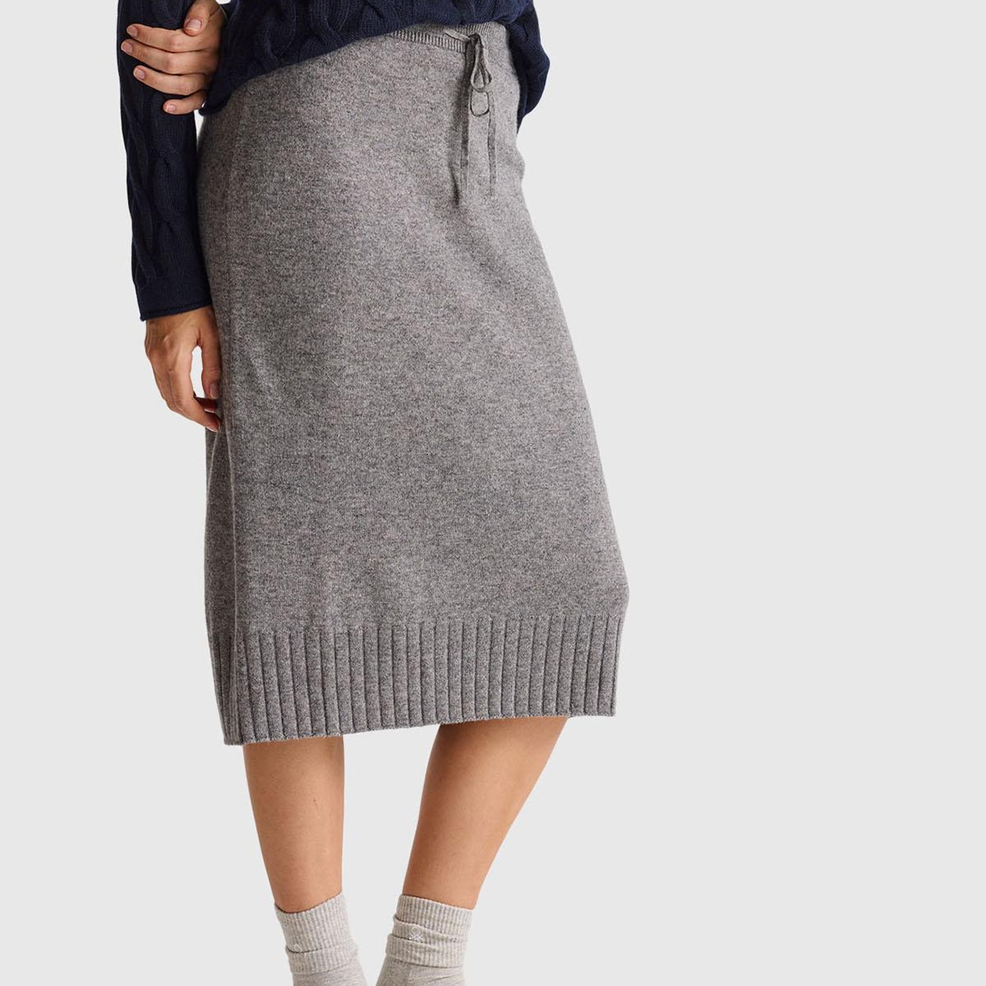 Kadın Antrasit Melanj Pamuk ve Yün Karışımlı Ribana Detaylı Bağcıklı Örme Etek