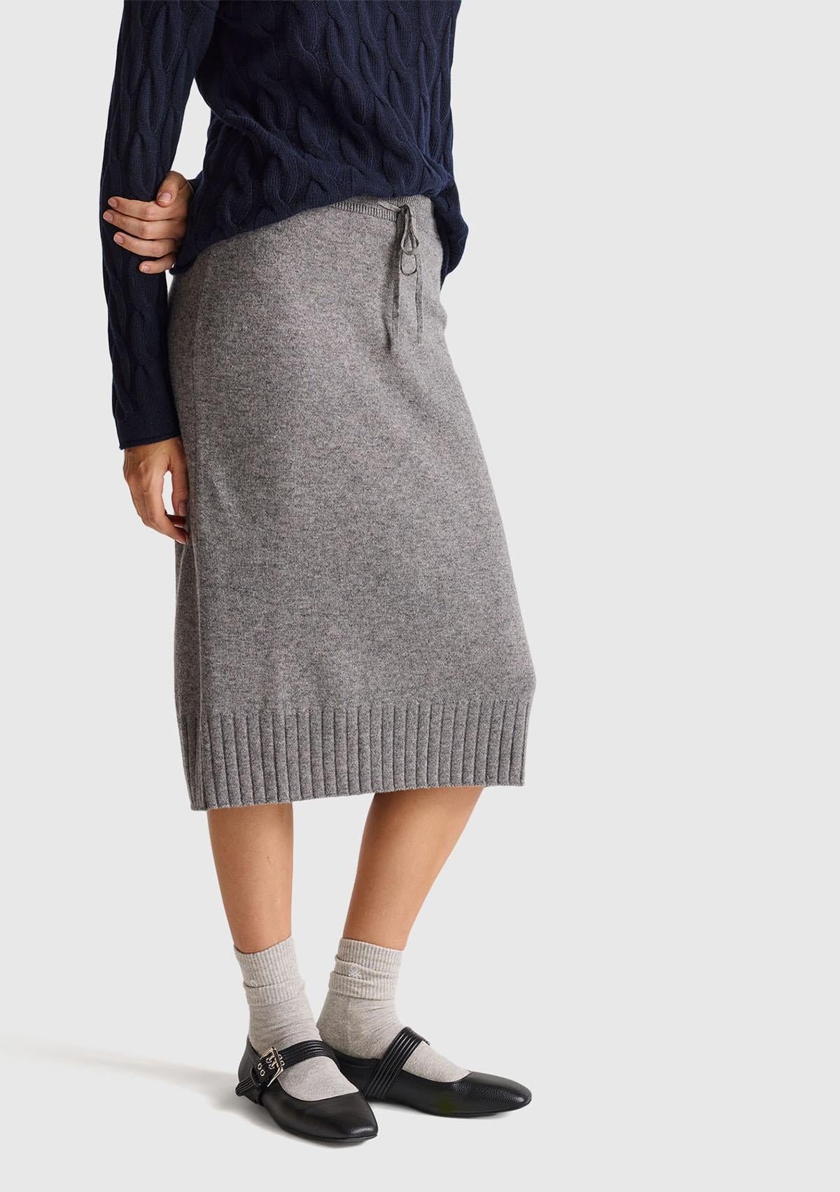  Kadın Antrasit Melanj Pamuk ve Yün Karışımlı Ribana Detaylı Bağcıklı Örme Etek