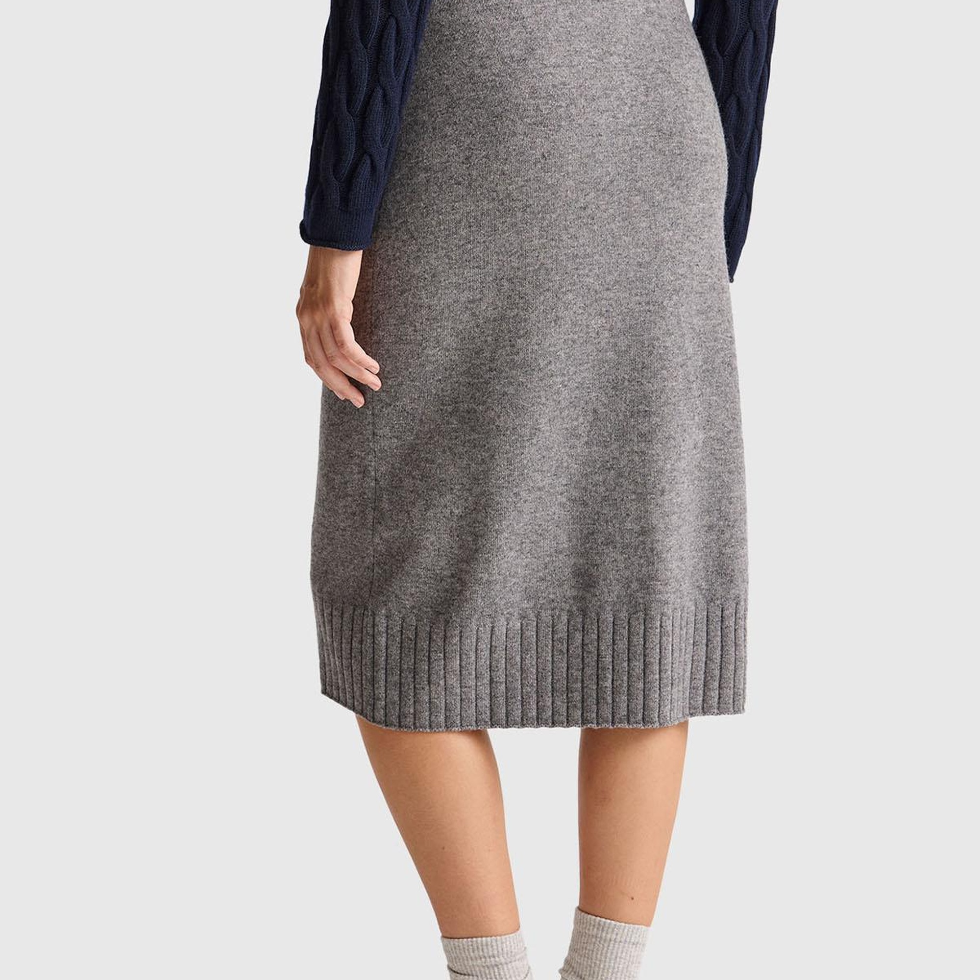 Kadın Antrasit Melanj Pamuk ve Yün Karışımlı Ribana Detaylı Bağcıklı Örme Etek