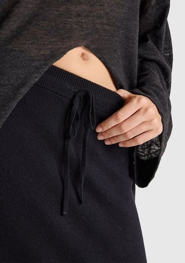  Kadın Sİyah Pamuk ve Yün Karışımlı Ribana Detaylı Bağcıklı Örme Etek