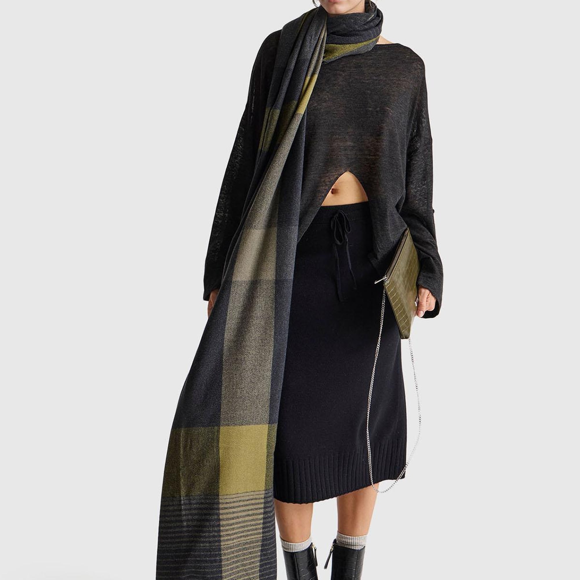 Kadın Sİyah Pamuk ve Yün Karışımlı Ribana Detaylı Bağcıklı Örme Etek