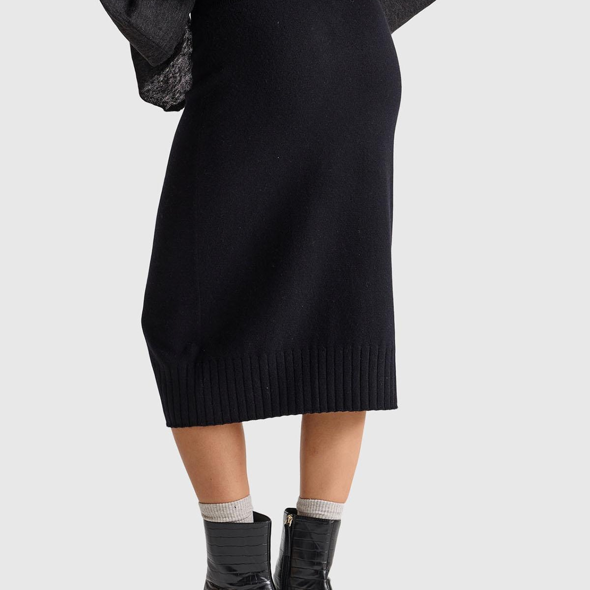 Kadın Sİyah Pamuk ve Yün Karışımlı Ribana Detaylı Bağcıklı Örme Etek