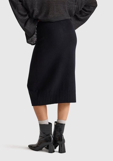  Kadın Sİyah Pamuk ve Yün Karışımlı Ribana Detaylı Bağcıklı Örme Etek