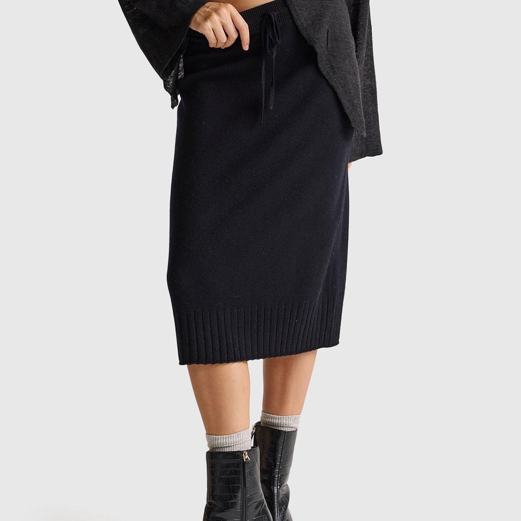 Kadın Sİyah Pamuk ve Yün Karışımlı Ribana Detaylı Bağcıklı Örme Etek