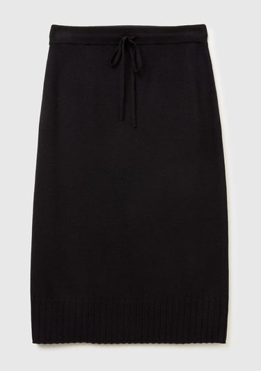  Kadın Sİyah Pamuk ve Yün Karışımlı Ribana Detaylı Bağcıklı Örme Etek