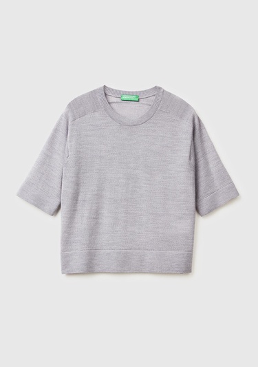  Kadın Gri Melanj %100 Yün Bisiklet Yaka Kısa Kollu Kazak