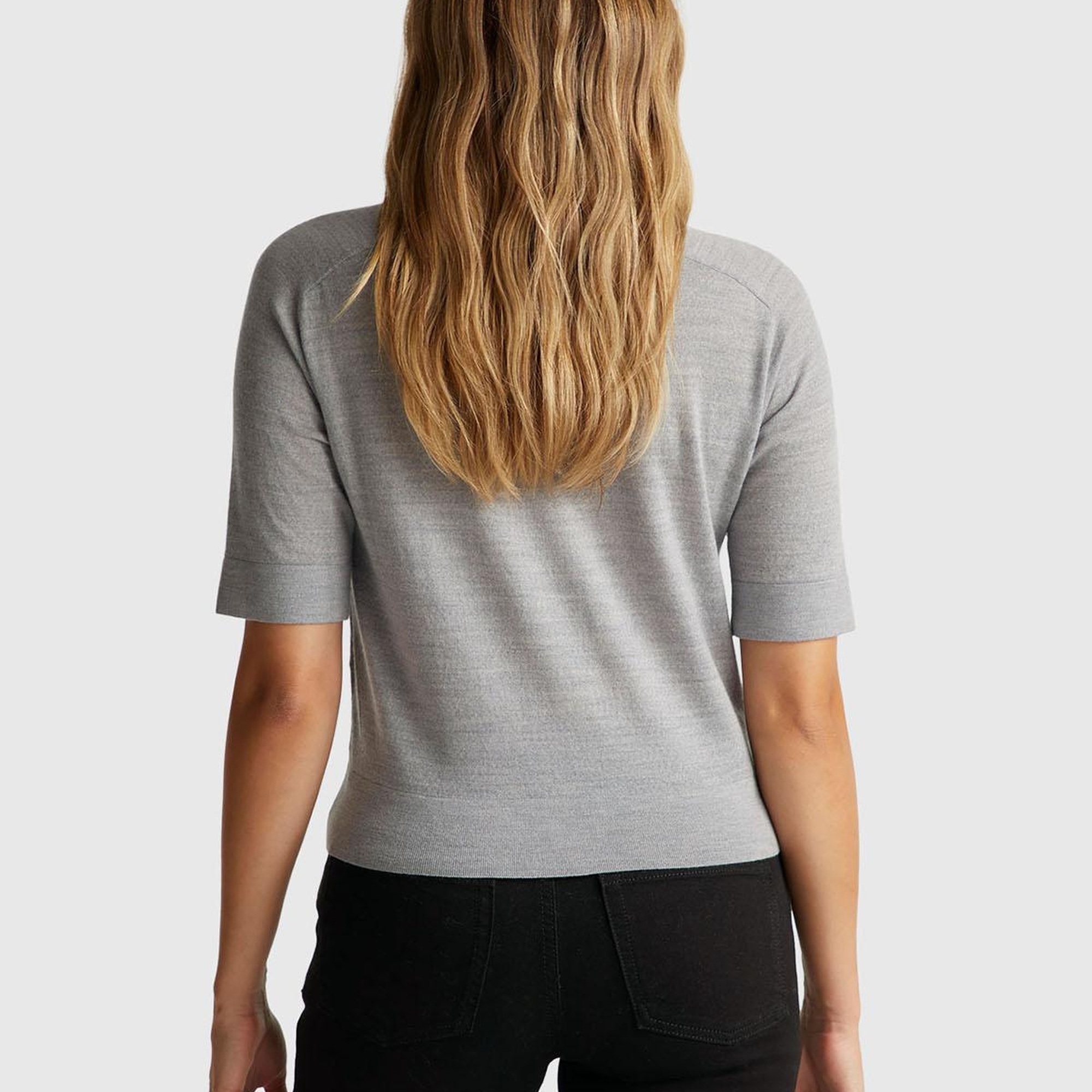 Kadın Gri Melanj %100 Yün Bisiklet Yaka Kısa Kollu Kazak