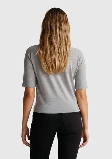  Kadın Gri Melanj %100 Yün Bisiklet Yaka Kısa Kollu Kazak