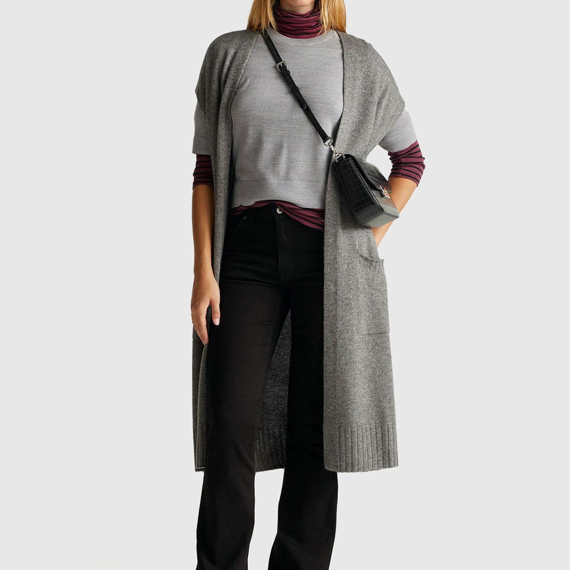 Kadın Gri Melanj %100 Yün Bisiklet Yaka Kısa Kollu Kazak