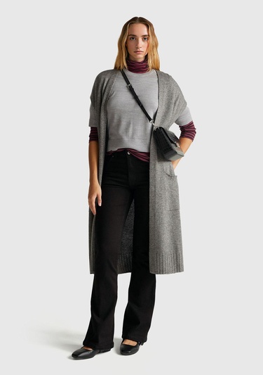  Kadın Gri Melanj %100 Yün Bisiklet Yaka Kısa Kollu Kazak