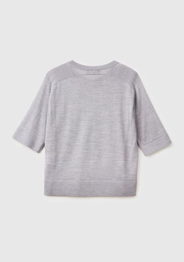  Kadın Gri Melanj %100 Yün Bisiklet Yaka Kısa Kollu Kazak