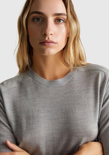  Kadın Gri Melanj %100 Yün Bisiklet Yaka Kısa Kollu Kazak