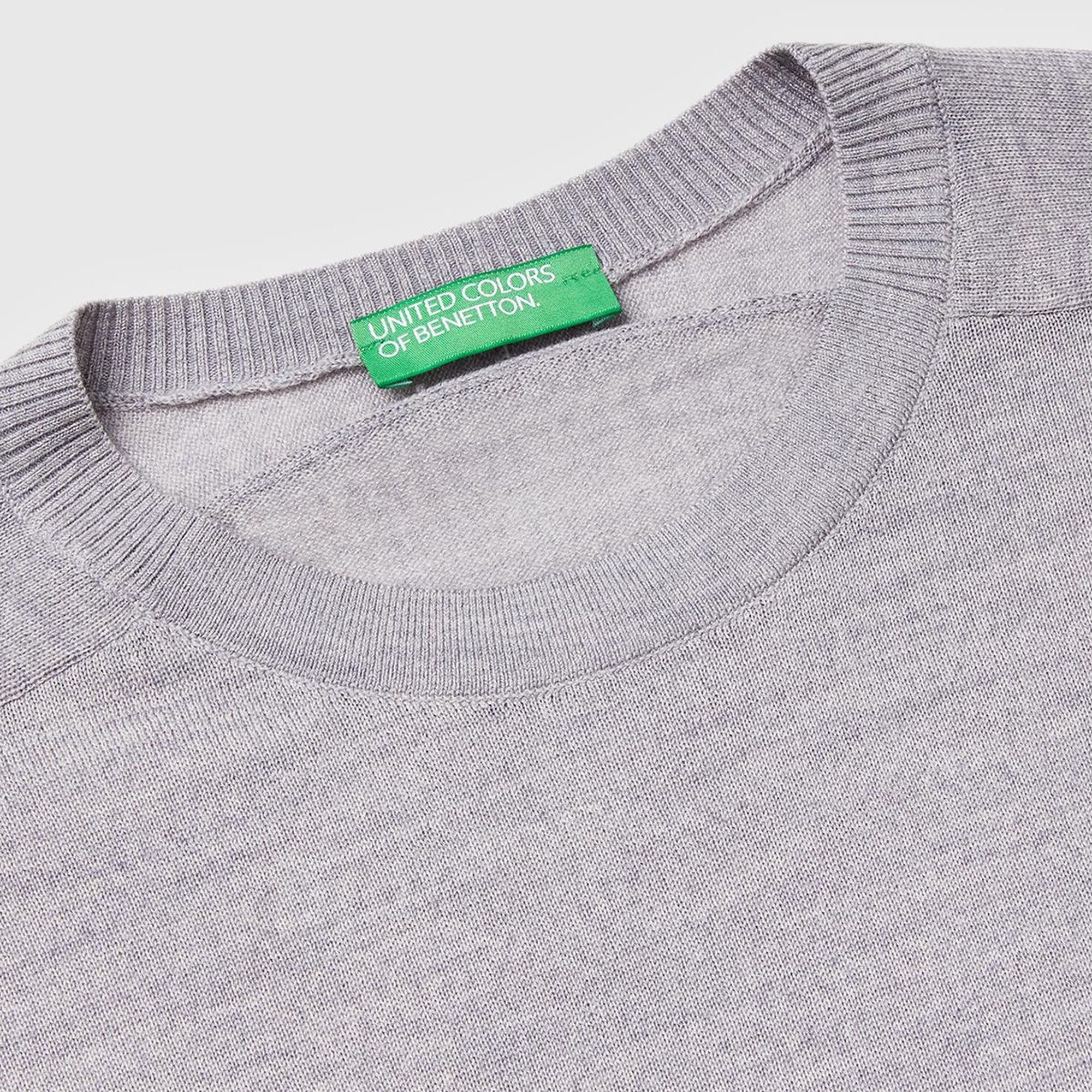 Kadın Gri Melanj %100 Yün Bisiklet Yaka Kısa Kollu Kazak