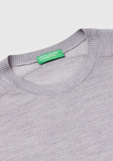  Kadın Gri Melanj %100 Yün Bisiklet Yaka Kısa Kollu Kazak