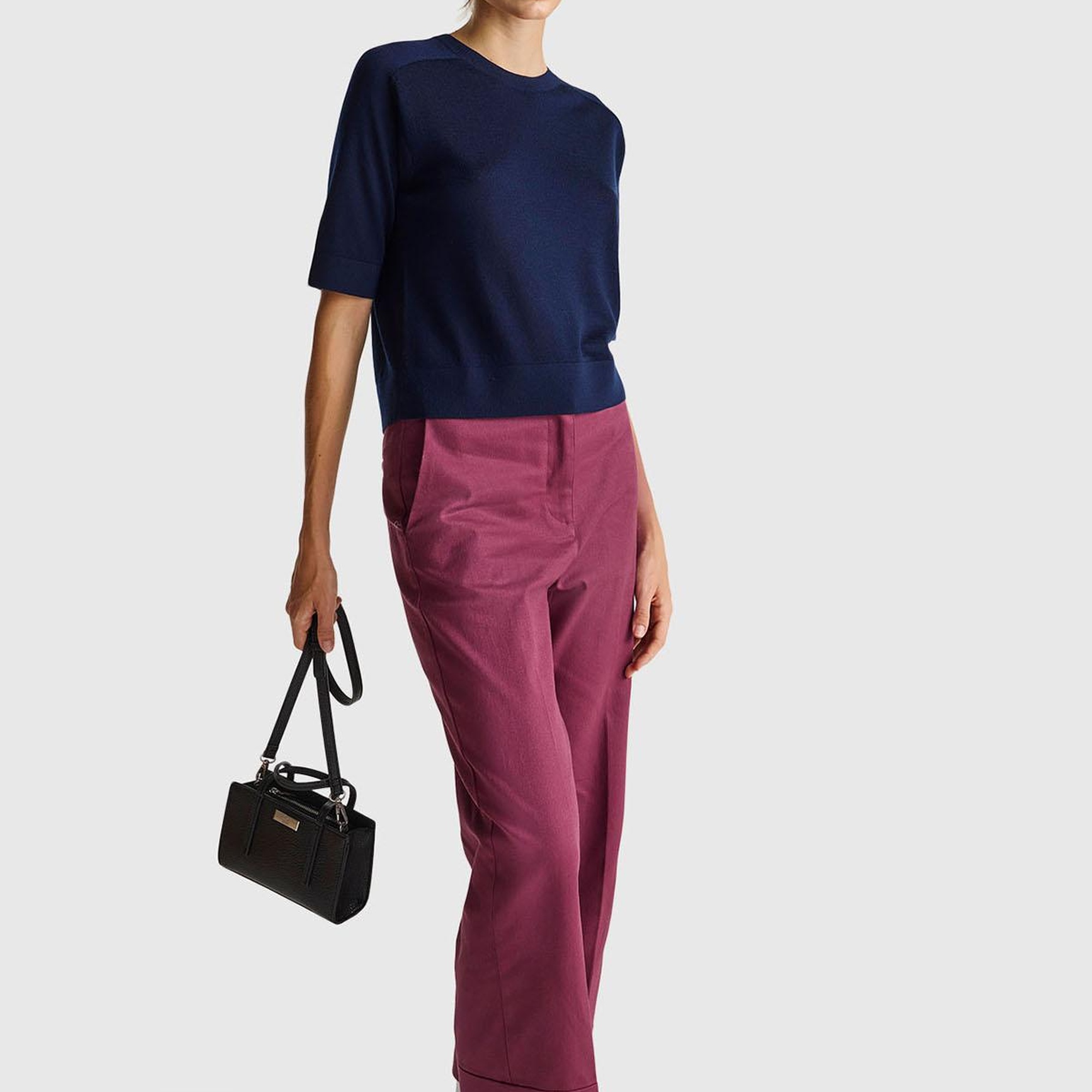 Kadın Lacivert %100 Yün Bisiklet Yaka Kısa Kollu Kazak