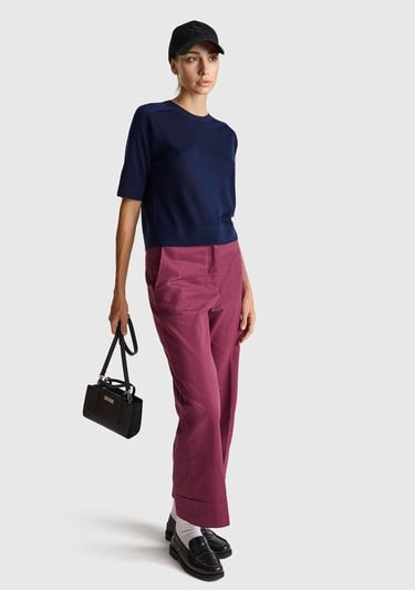  Kadın Lacivert %100 Yün Bisiklet Yaka Kısa Kollu Kazak