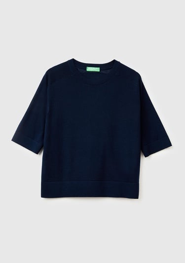  Kadın Lacivert %100 Yün Bisiklet Yaka Kısa Kollu Kazak