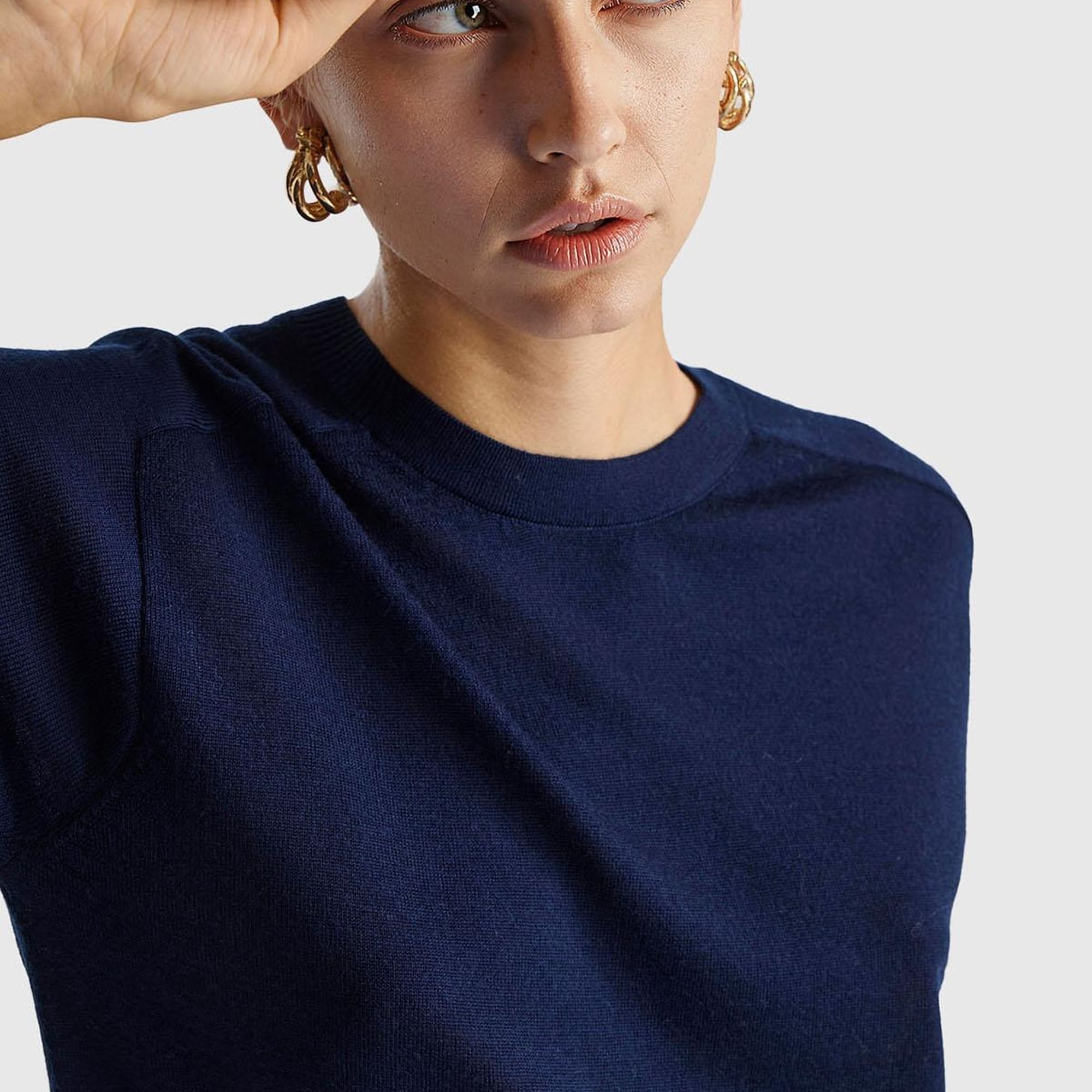 Kadın Lacivert %100 Yün Bisiklet Yaka Kısa Kollu Kazak