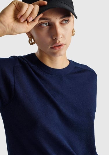  Kadın Lacivert %100 Yün Bisiklet Yaka Kısa Kollu Kazak