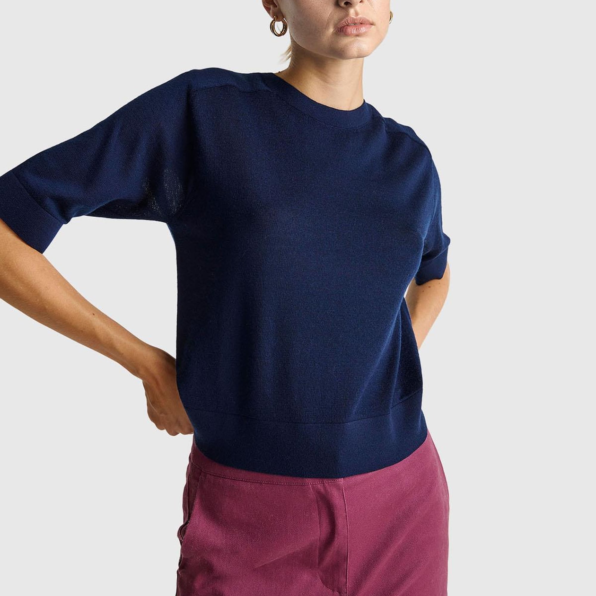 Kadın Lacivert %100 Yün Bisiklet Yaka Kısa Kollu Kazak