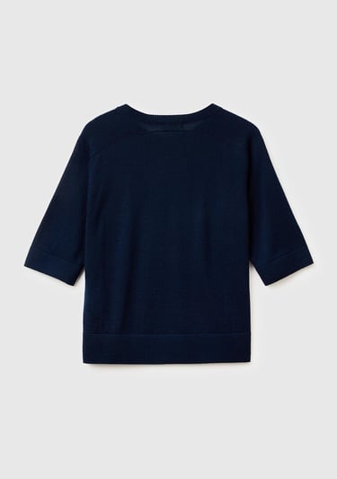  Kadın Lacivert %100 Yün Bisiklet Yaka Kısa Kollu Kazak