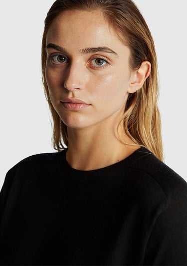  Kadın Sİyah %100 Yün Bisiklet Yaka Kısa Kollu Kazak