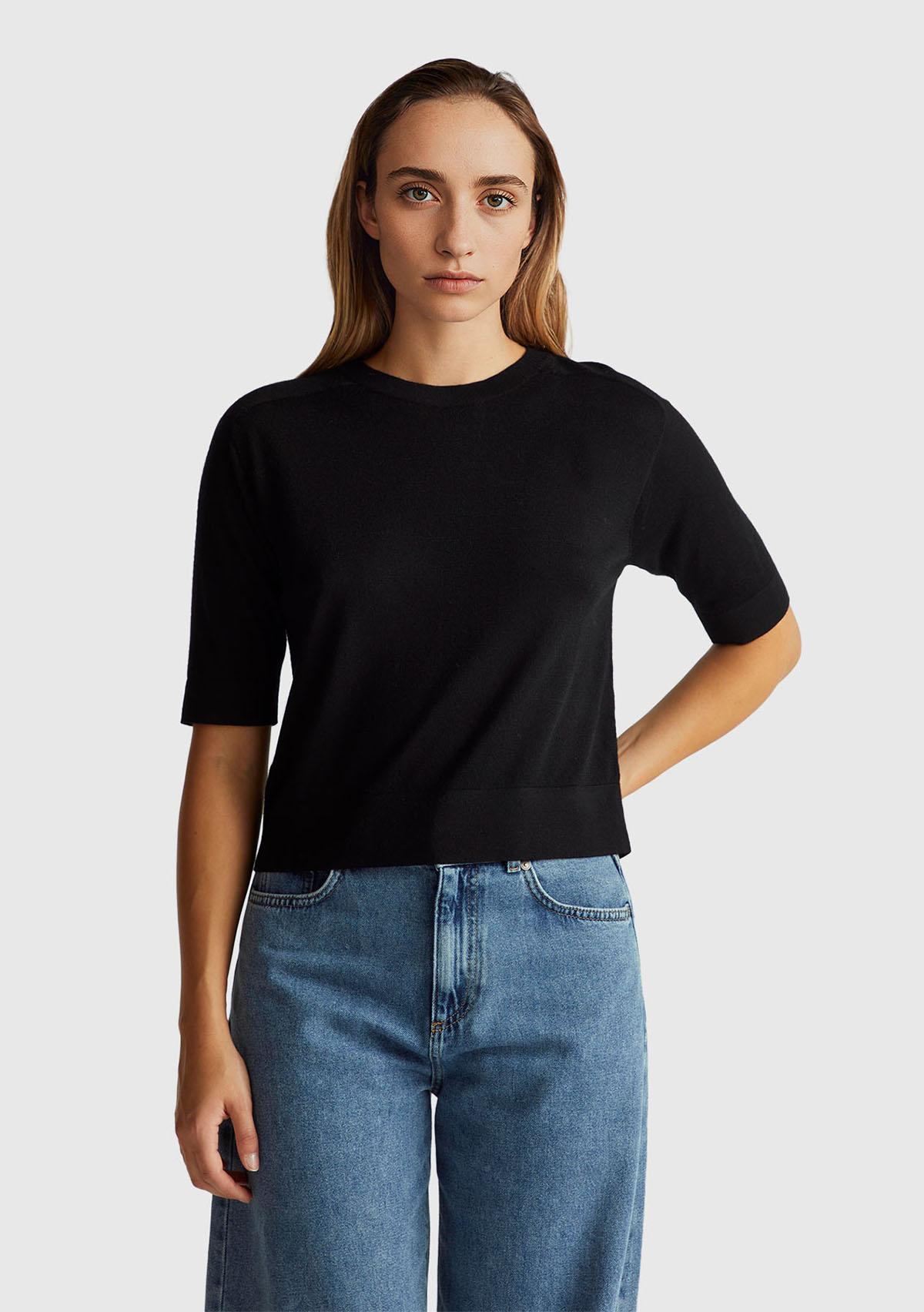  Kadın Sİyah %100 Yün Bisiklet Yaka Kısa Kollu Kazak