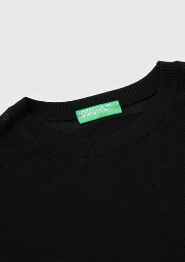  Kadın Sİyah %100 Yün Bisiklet Yaka Kısa Kollu Kazak