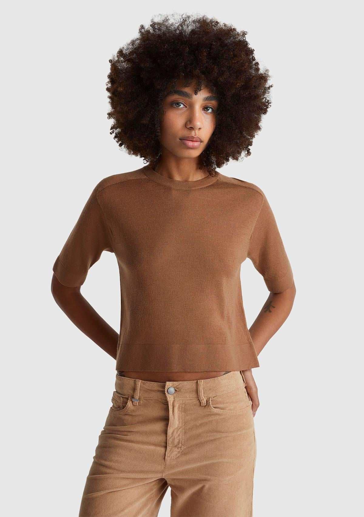  Kadın Taba  %100 Yün Bisiklet Yaka Kısa Kollu Kazak