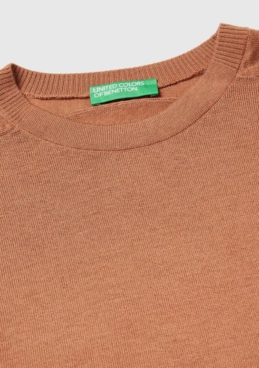  Kadın Taba  %100 Yün Bisiklet Yaka Kısa Kollu Kazak